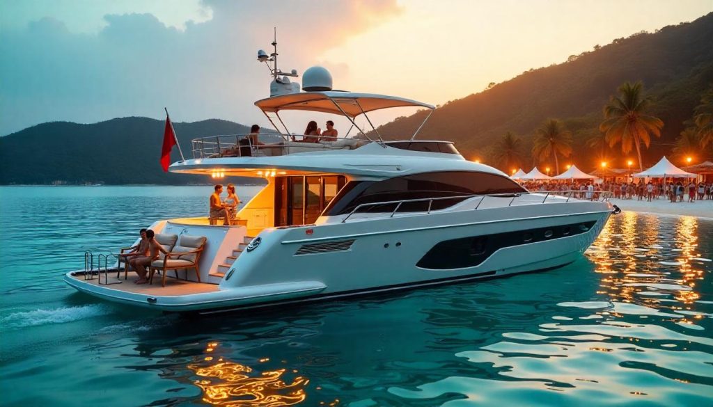 Sunseeker Predator 60 a Haad Rin strandon, kiemelve a Thaiföldi-öbölben 2025-ben.